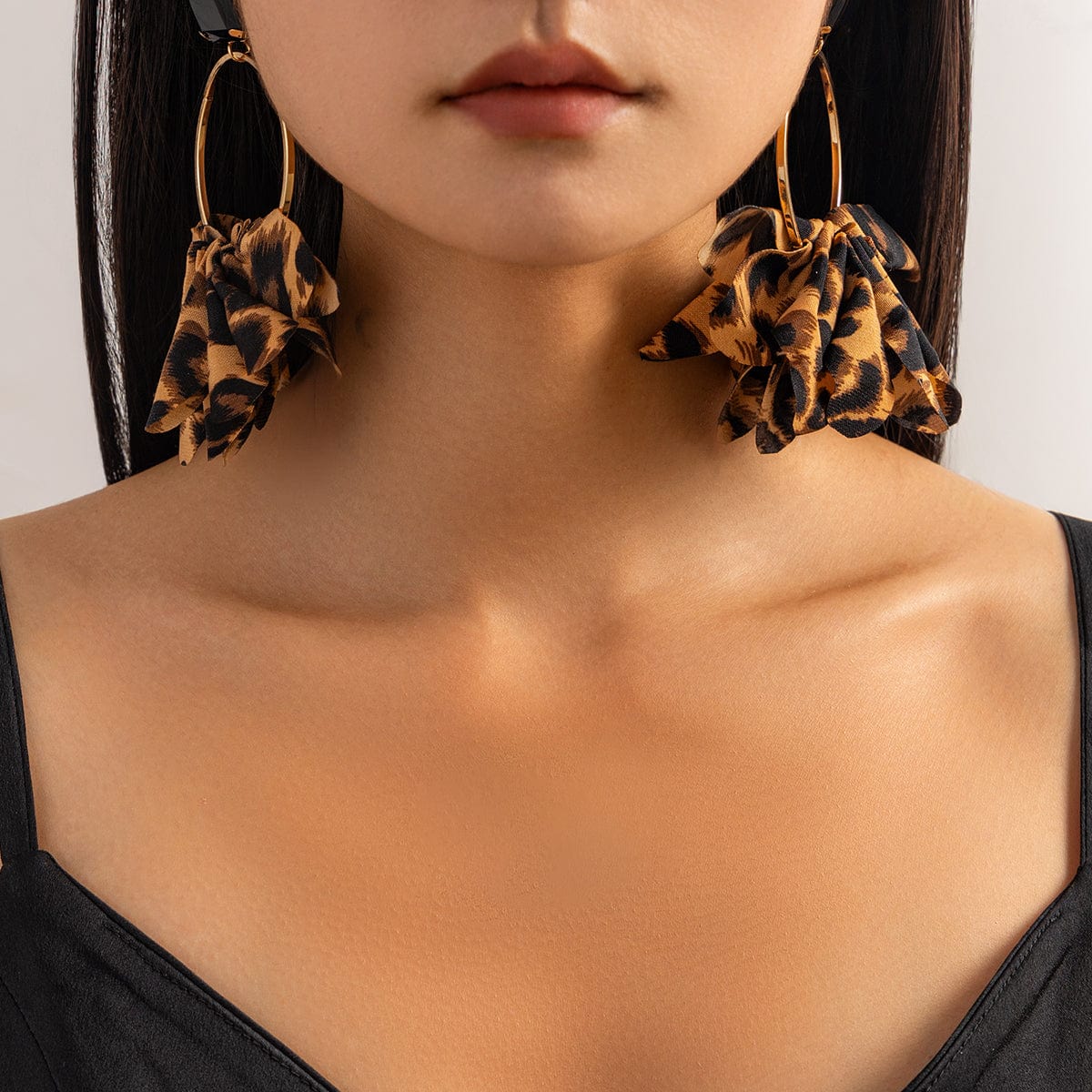 Exaggerated Leopard Fabric Hoop Dangle Earrings