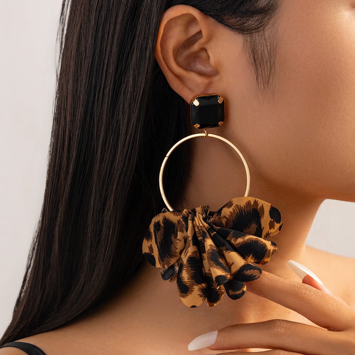 Exaggerated Leopard Fabric Hoop Dangle Earrings