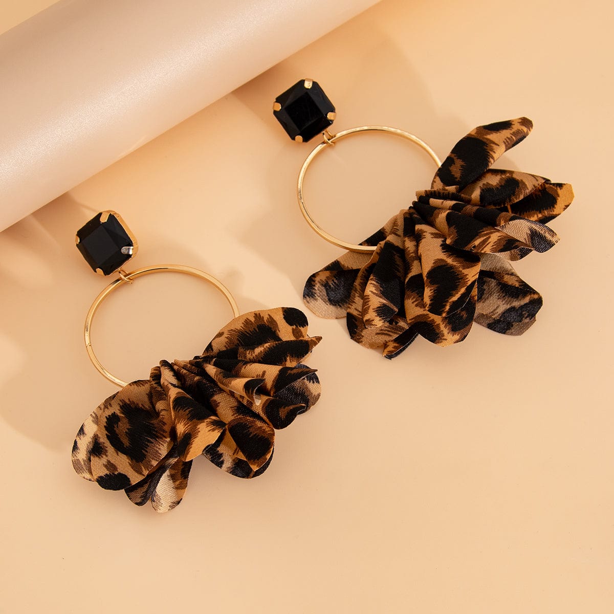 Exaggerated Leopard Fabric Hoop Dangle Earrings