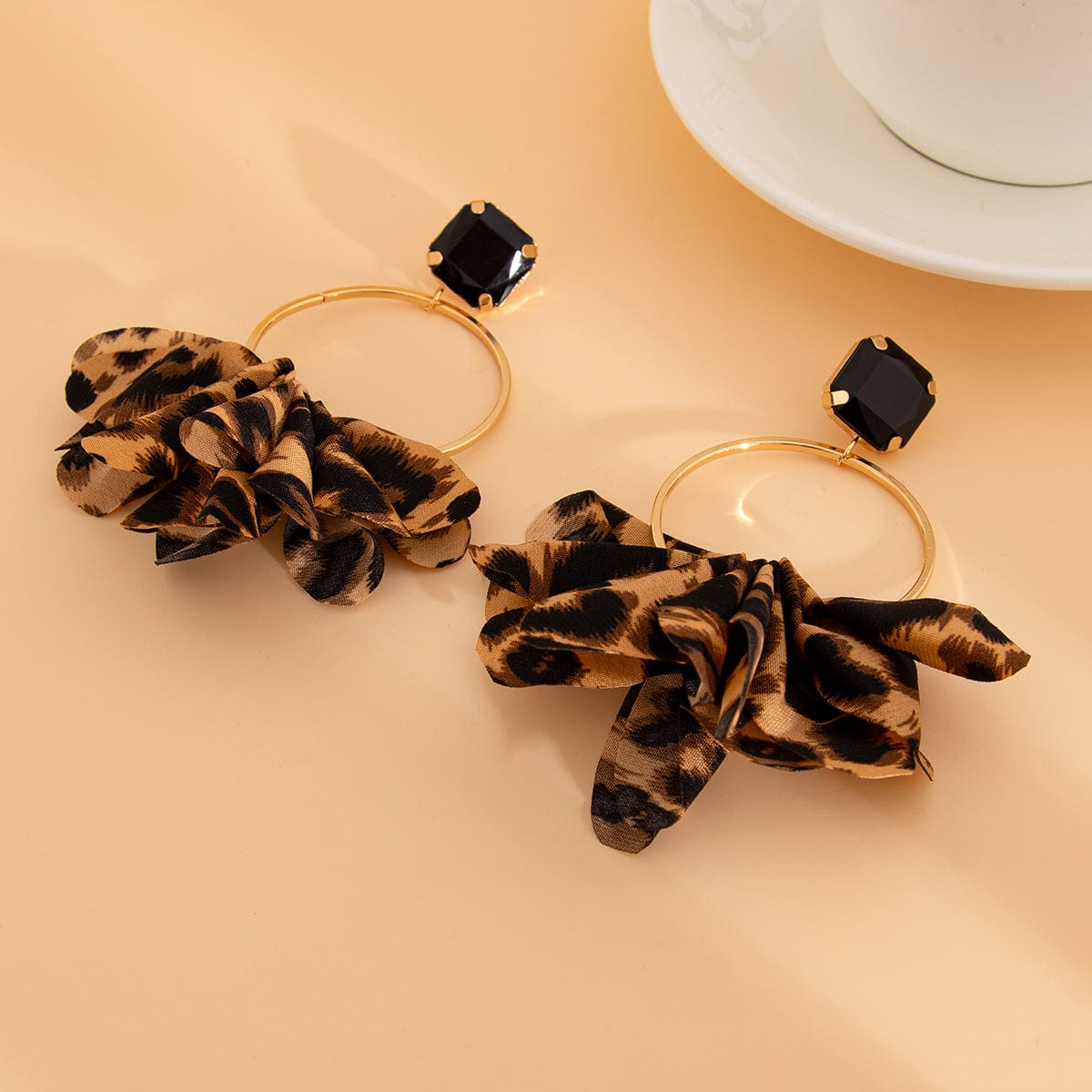 Exaggerated Leopard Fabric Hoop Dangle Earrings