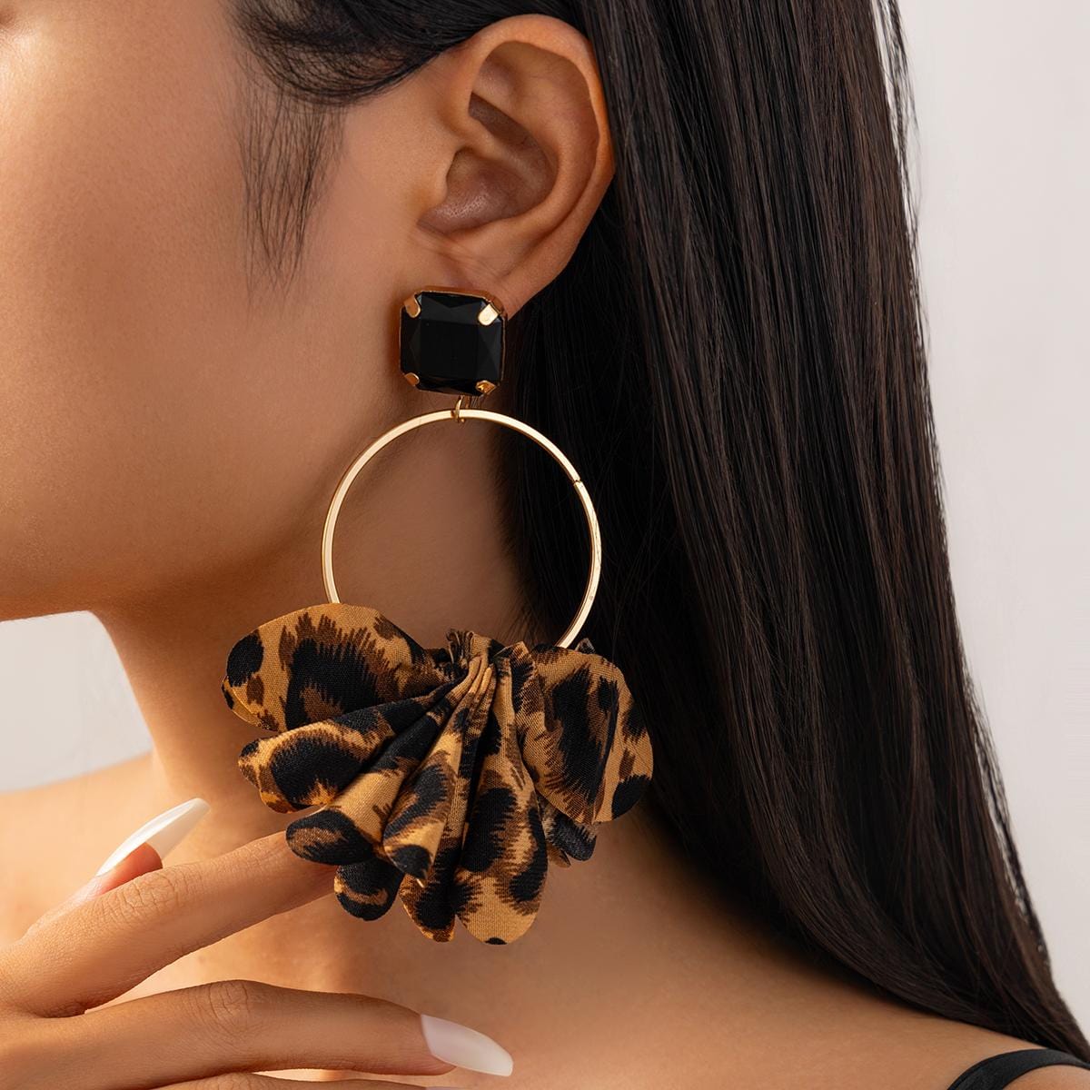 Exaggerated Leopard Fabric Hoop Dangle Earrings