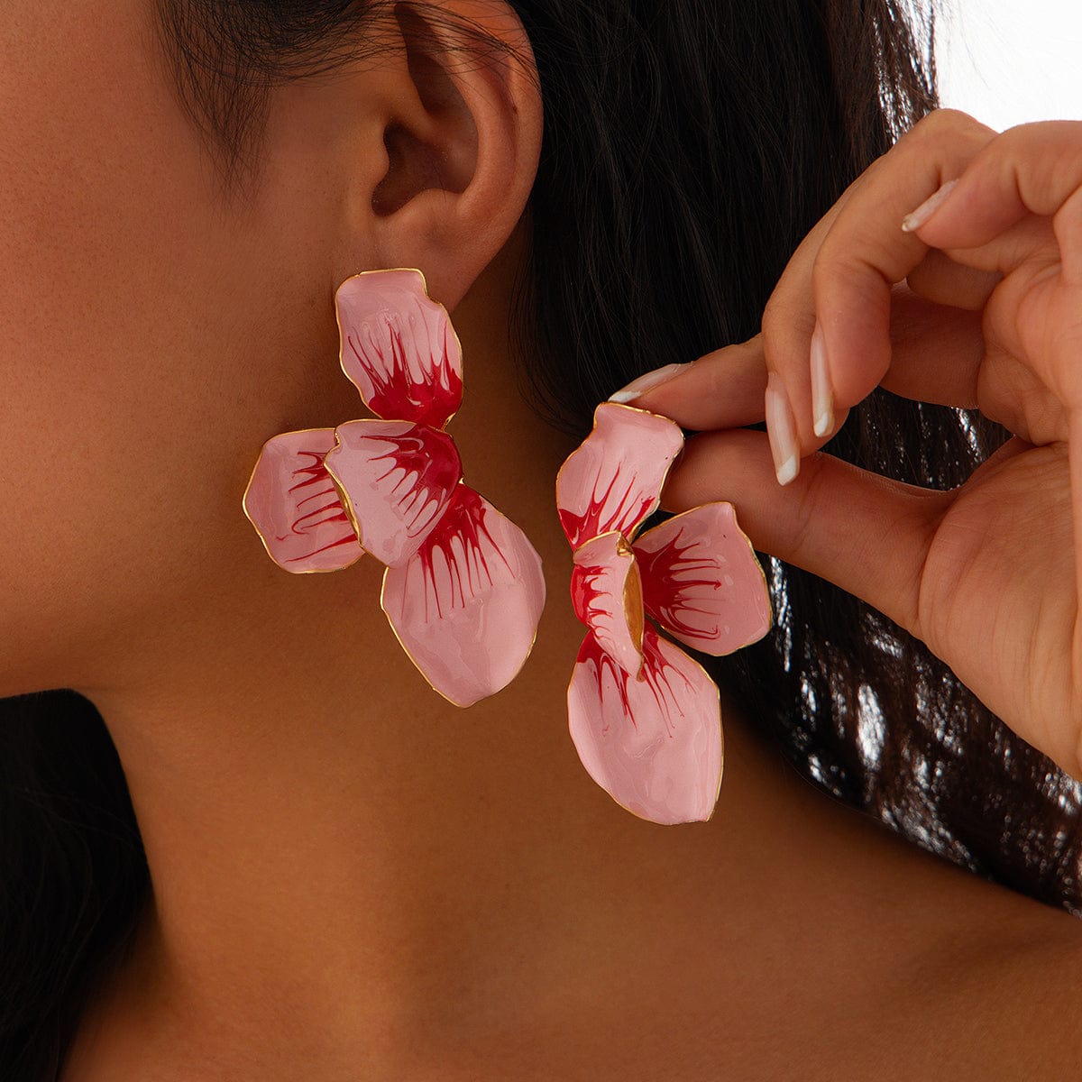 Exaggerated Pink Enamel Flower Stud Earrings