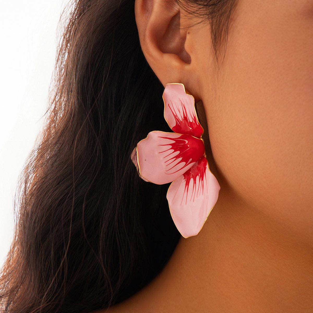 Exaggerated Pink Enamel Flower Stud Earrings