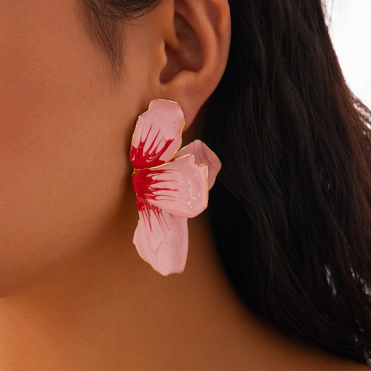 Exaggerated Pink Enamel Flower Stud Earrings