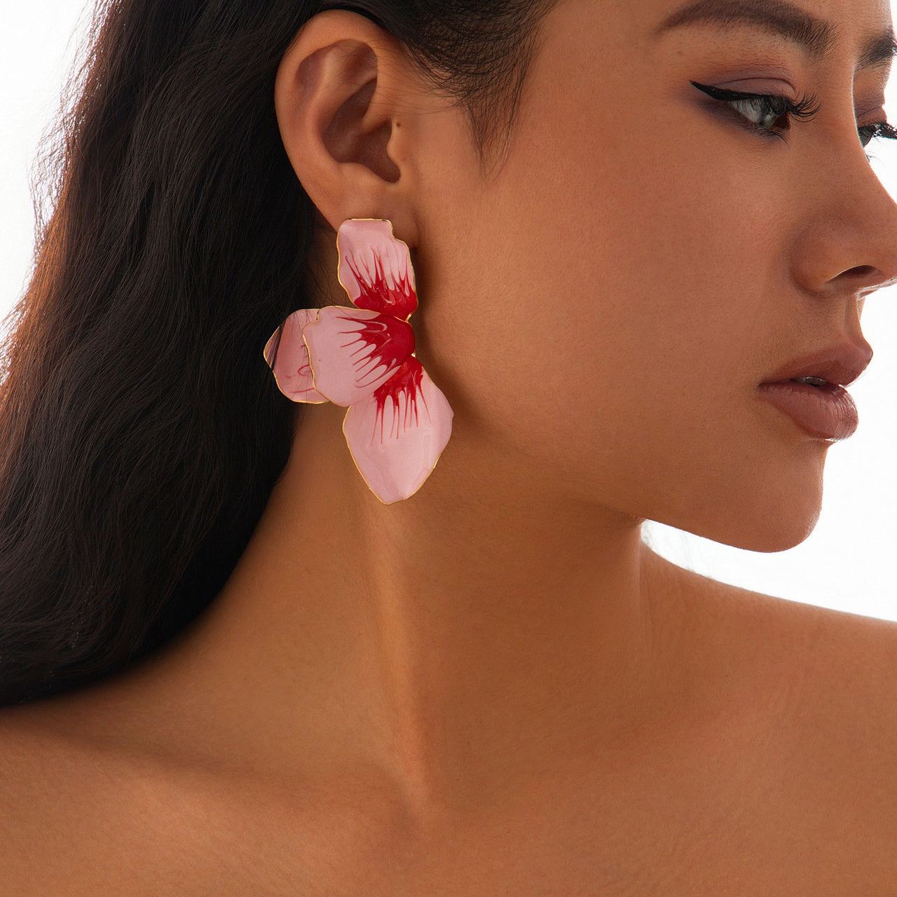 Exaggerated Pink Enamel Flower Stud Earrings