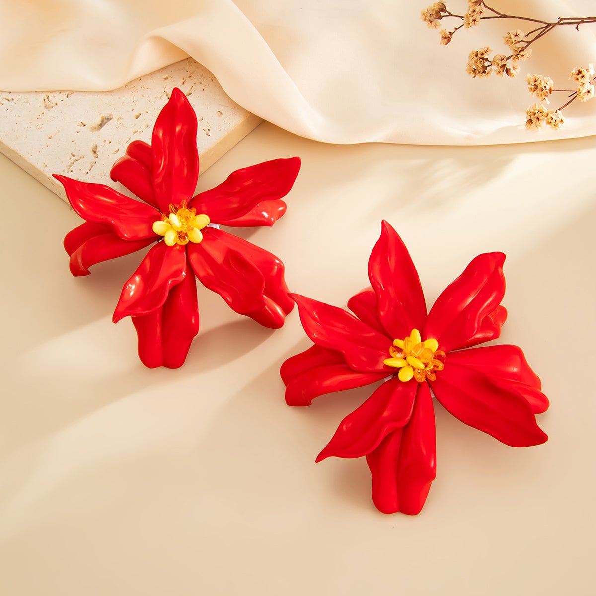 Exaggerated Red Flower Resin Stud Earrings - ArtGalleryZen