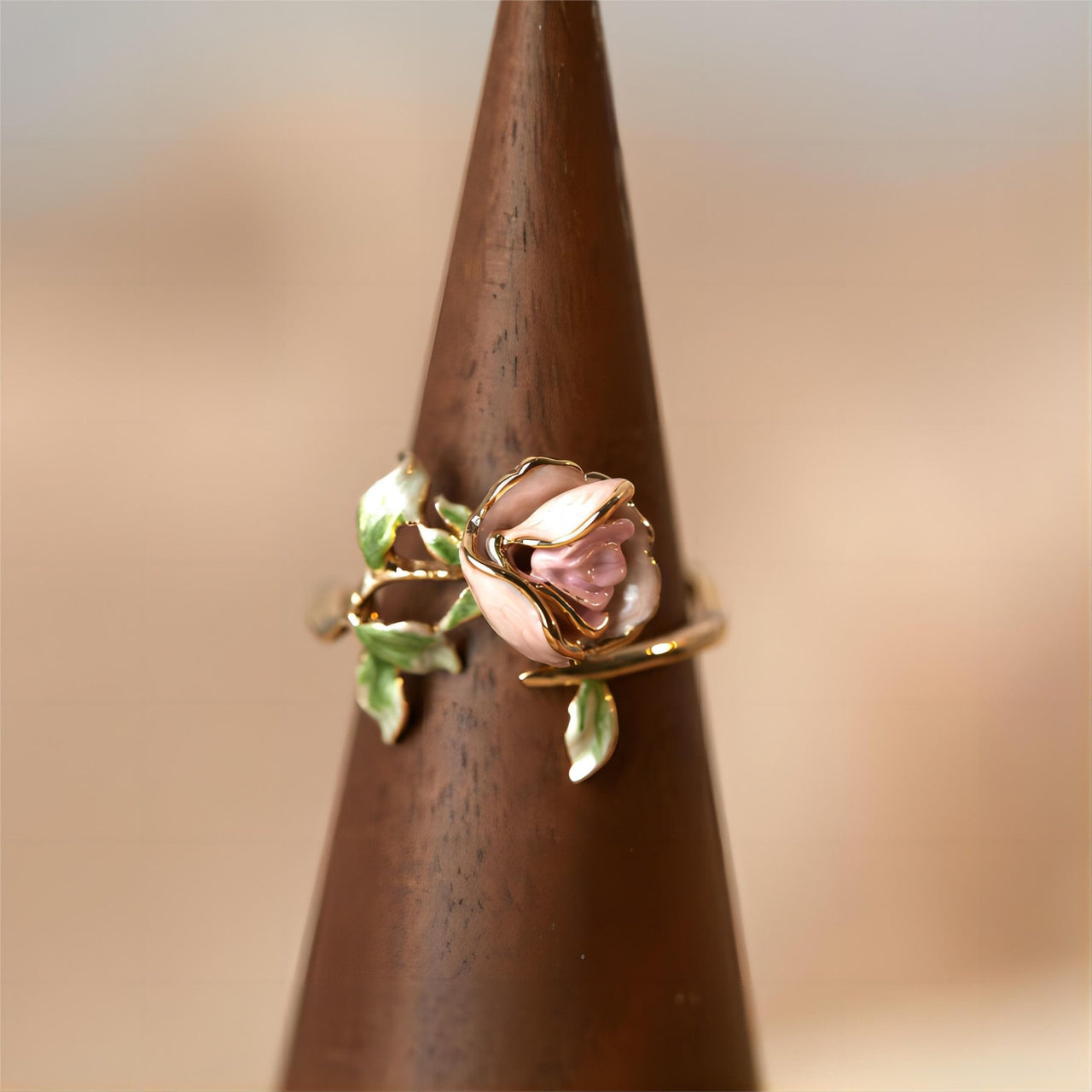 Exquisite Enamel Pink Rose Open Ring - ArtGalleryZen