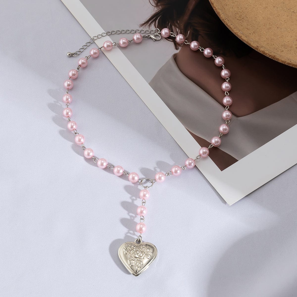 Floral Heart Pendant Pearl Chain Y Necklace - ArtGalleryZen