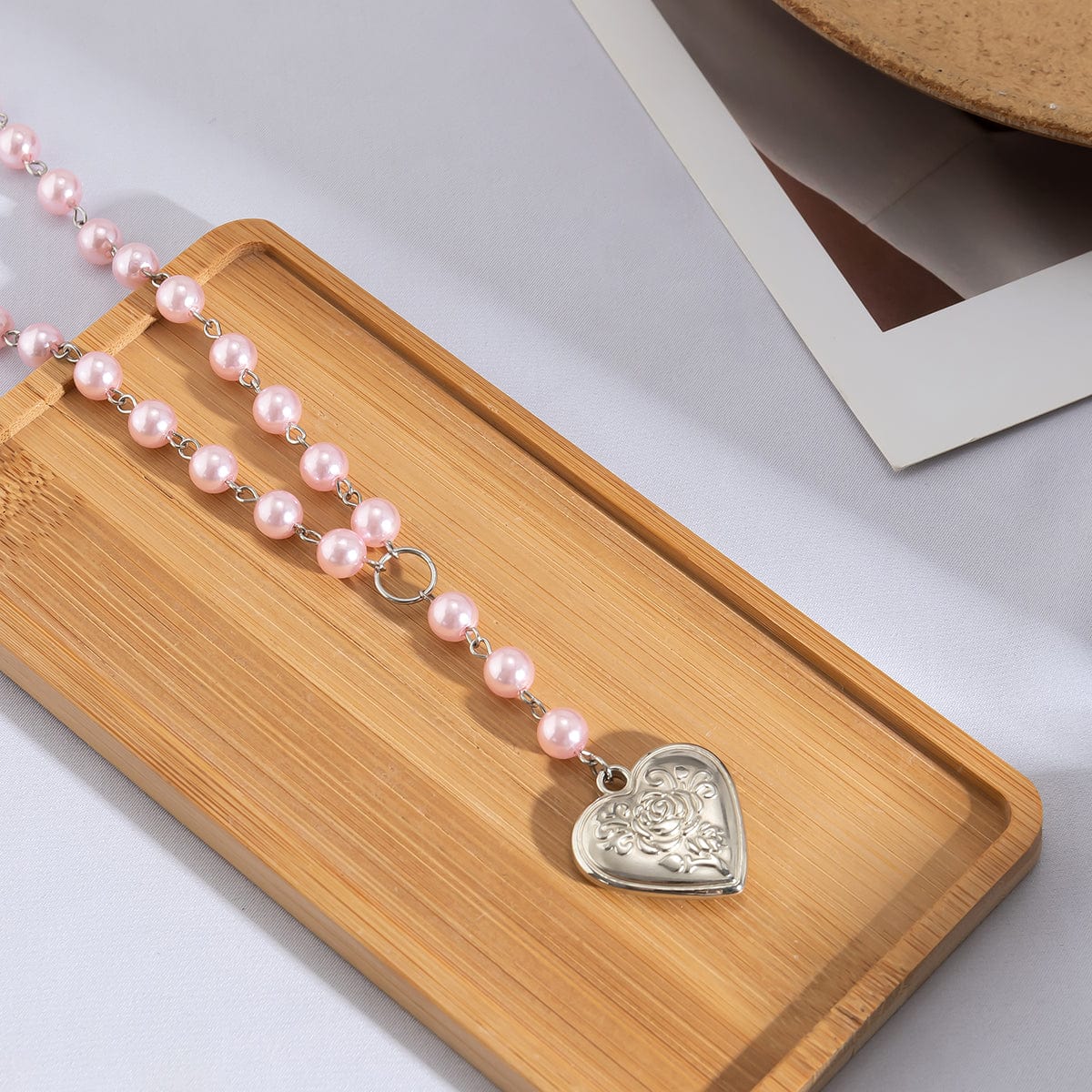 Floral Heart Pendant Pearl Chain Y Necklace - ArtGalleryZen