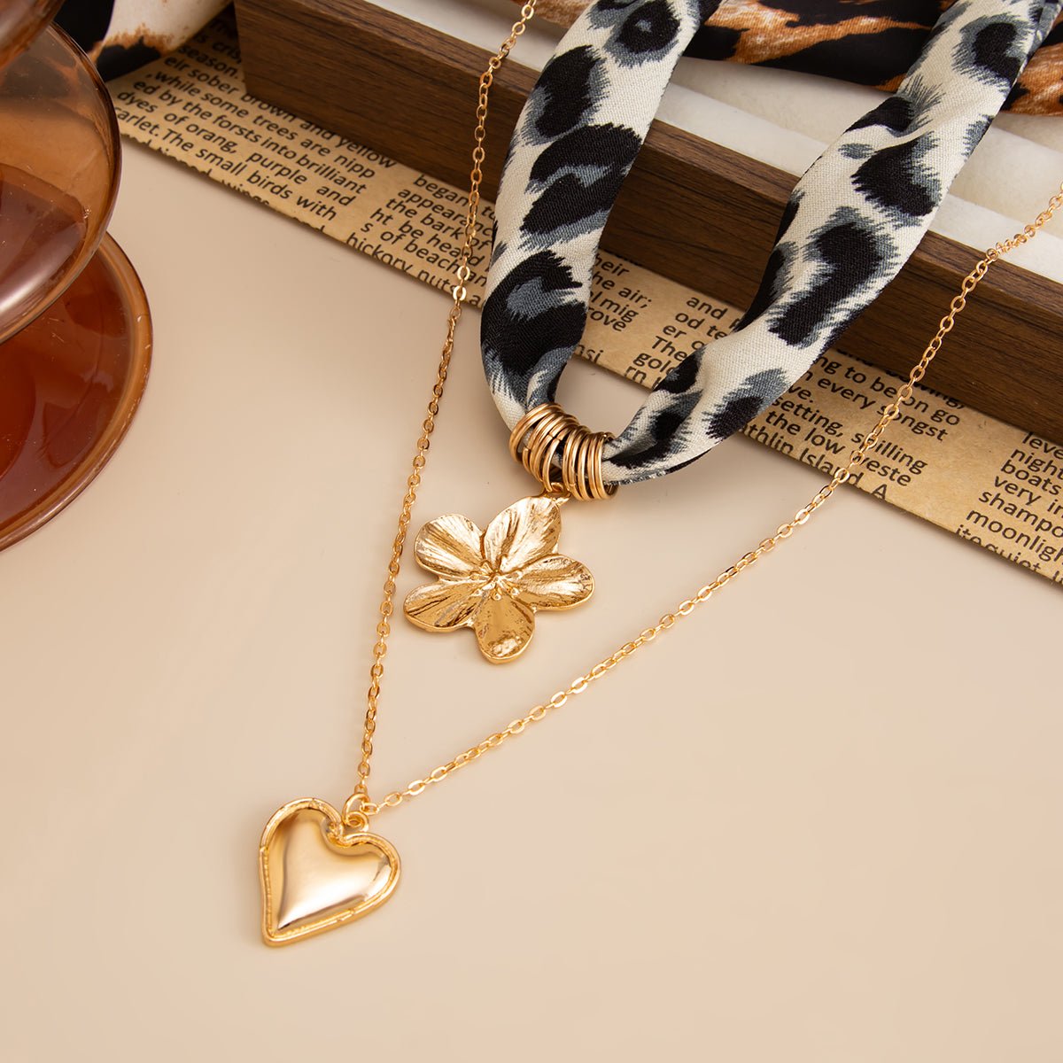 Flower Heart Pendant Leopard Print Chiffon Necklace Set 2 Pcs Boho - ArtGalleryZen