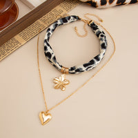 Thumbnail for Flower Heart Pendant Leopard Print Chiffon Necklace Set 2 Pcs Boho - ArtGalleryZen