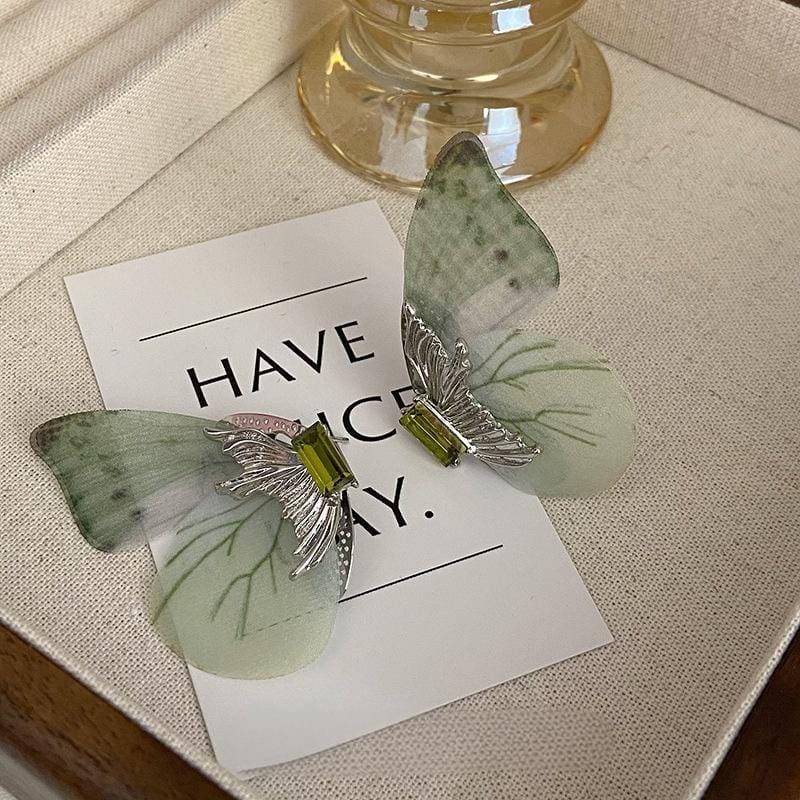 Forest Style Rhinestone Inlaid Chiffon Butterfly Stud Earrings - ArtGalleryZen