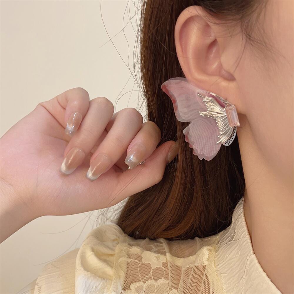 Forest Style Rhinestone Inlaid Chiffon Butterfly Stud Earrings - ArtGalleryZen