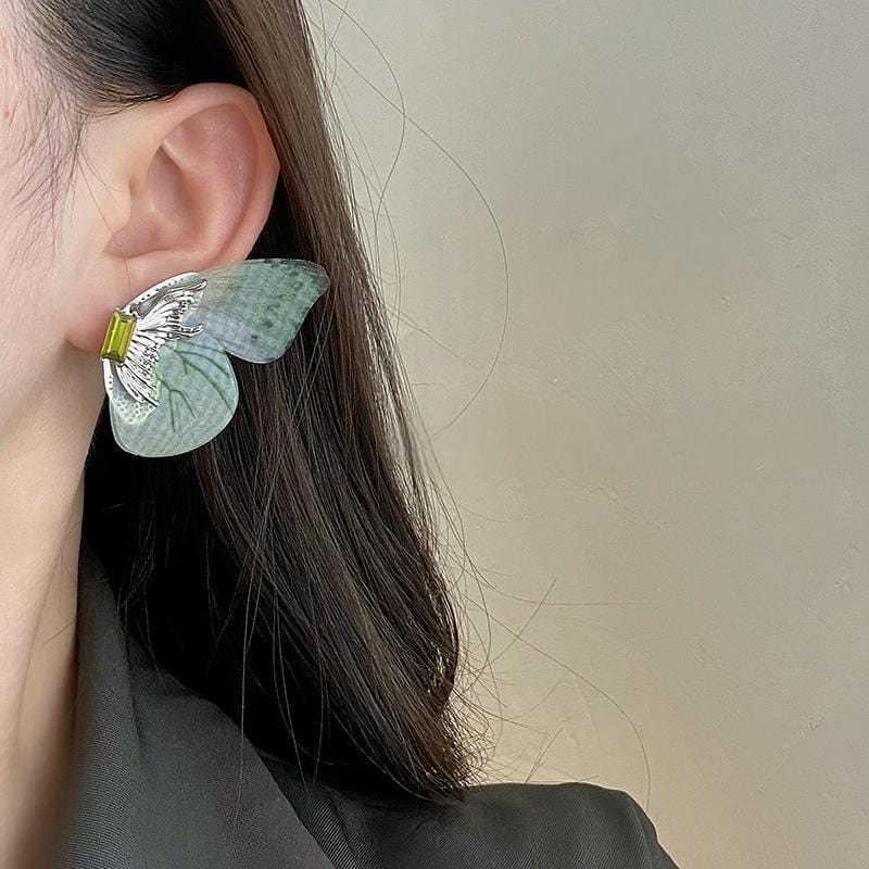Forest Style Rhinestone Inlaid Chiffon Butterfly Stud Earrings - ArtGalleryZen