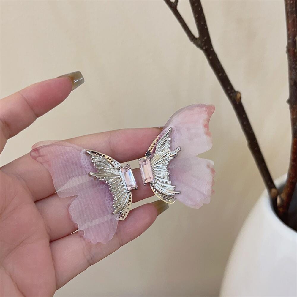 Forest Style Rhinestone Inlaid Chiffon Butterfly Stud Earrings - ArtGalleryZen