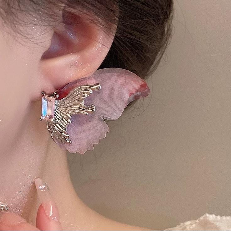 Forest Style Rhinestone Inlaid Chiffon Butterfly Stud Earrings - ArtGalleryZen