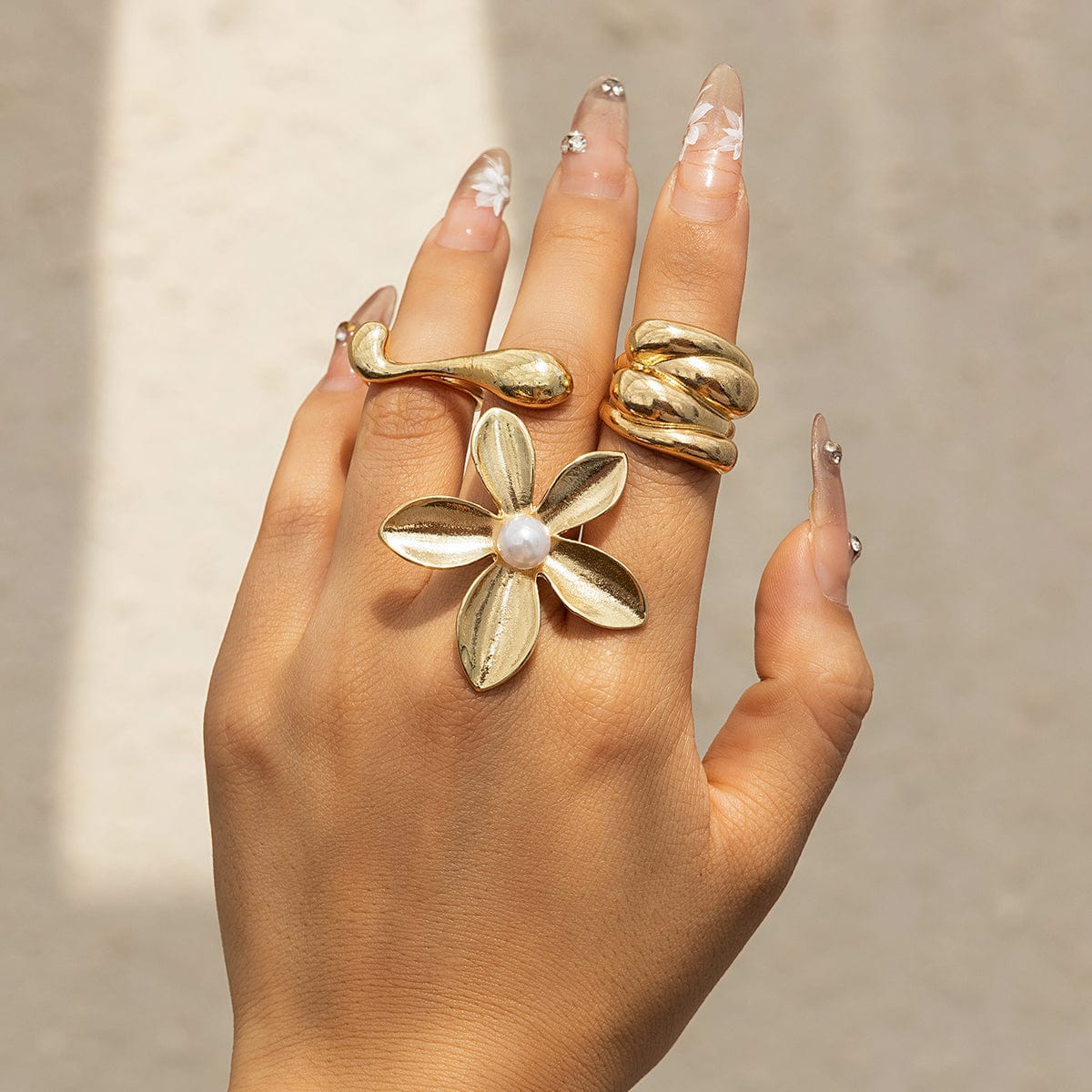 French Chunky Gold Silver Plated Pearl Flower Ring