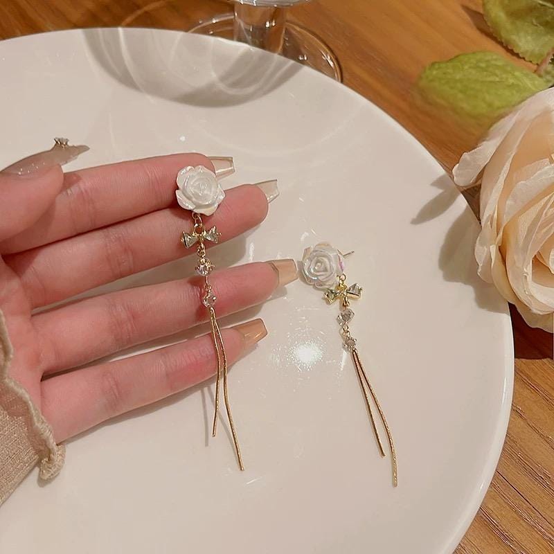 French Style Camellia Flower Crystal Tassel Chain Earrings - ArtGalleryZen