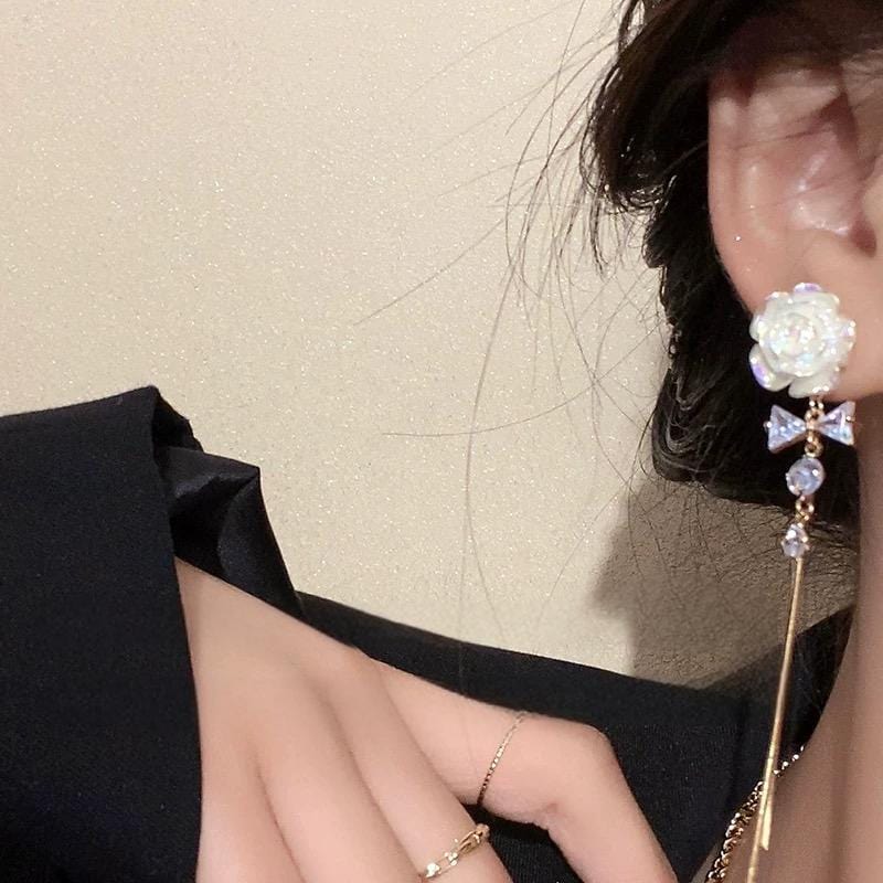 French Style Camellia Flower Crystal Tassel Chain Earrings - ArtGalleryZen