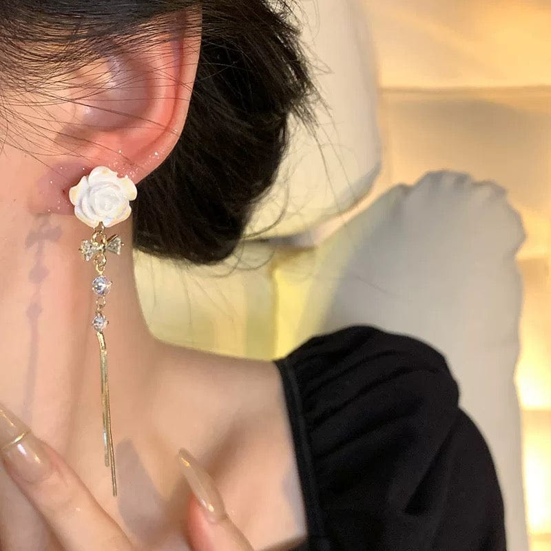 French Style Camellia Flower Crystal Tassel Chain Earrings - ArtGalleryZen