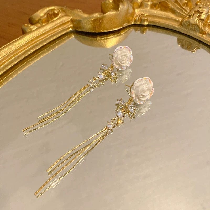 French Style Camellia Flower Crystal Tassel Chain Earrings - ArtGalleryZen
