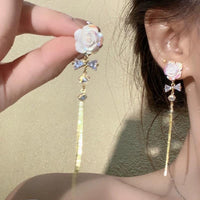 Thumbnail for French Style Camellia Flower Crystal Tassel Chain Earrings - ArtGalleryZen
