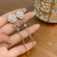 Thumbnail for French Style Camellia Flower Crystal Tassel Chain Earrings - ArtGalleryZen
