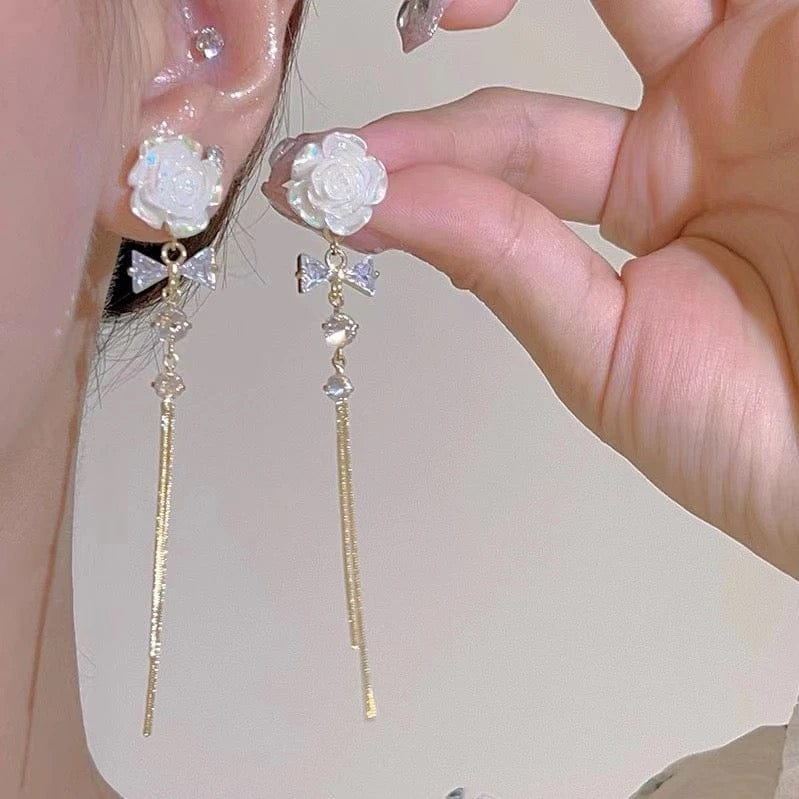 French Style Camellia Flower Crystal Tassel Chain Earrings - ArtGalleryZen