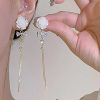 Thumbnail for French Style Camellia Flower Crystal Tassel Chain Earrings - ArtGalleryZen
