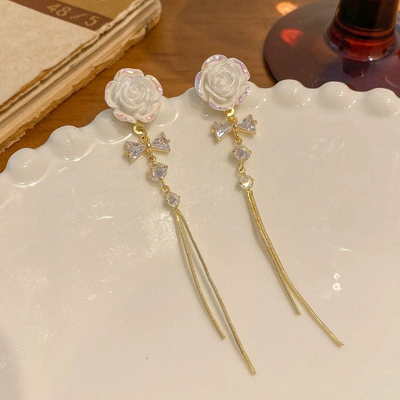 French Style Camellia Flower Crystal Tassel Chain Earrings - ArtGalleryZen