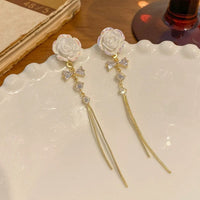 Thumbnail for French Style Camellia Flower Crystal Tassel Chain Earrings - ArtGalleryZen