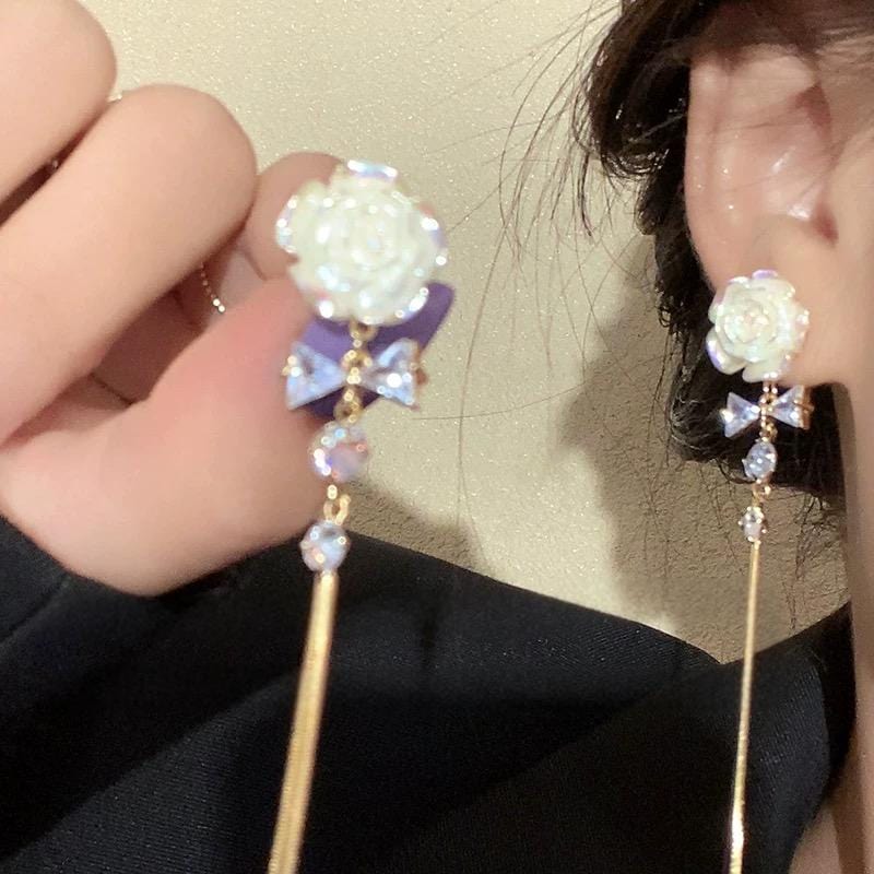 French Style Camellia Flower Crystal Tassel Chain Earrings - ArtGalleryZen