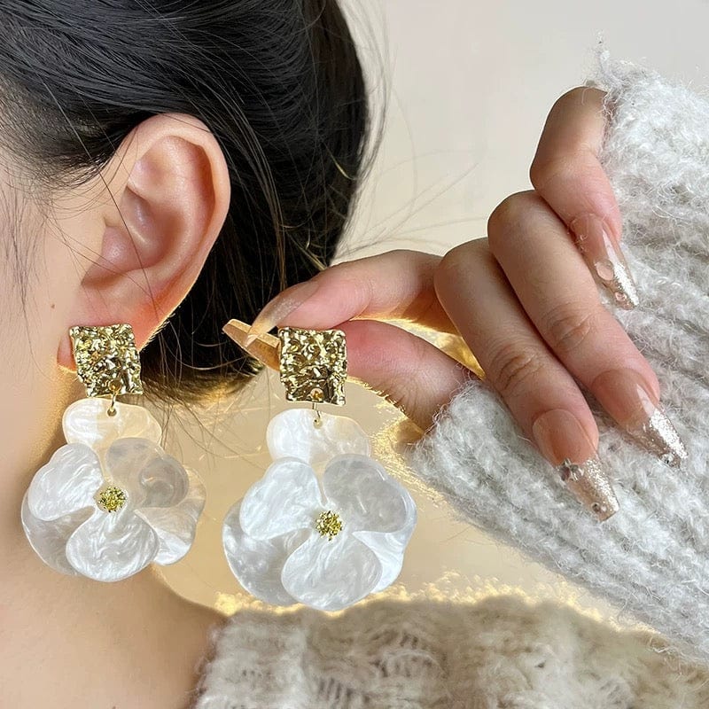 French Style Chunky Flower Dangle Textured Square Earrings - ArtGalleryZen