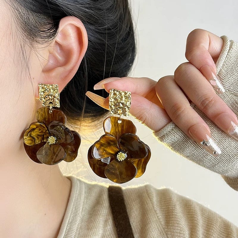 French Style Chunky Flower Dangle Textured Square Earrings - ArtGalleryZen