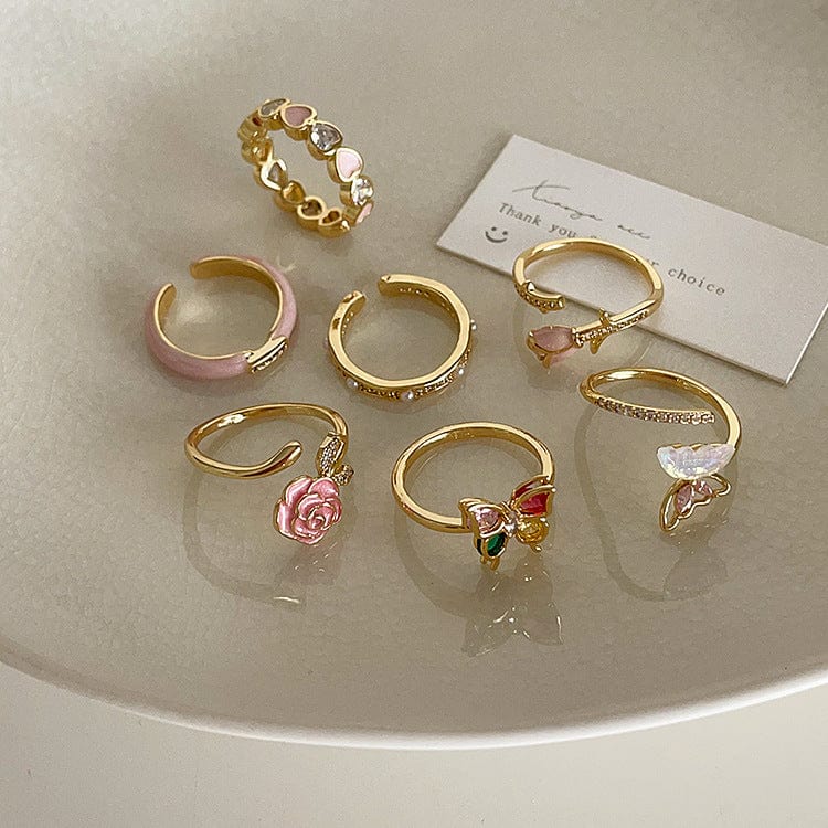 French Style CZ Inlaid Butterfly Enamel Flower Pearl Open Ring - ArtGalleryZen