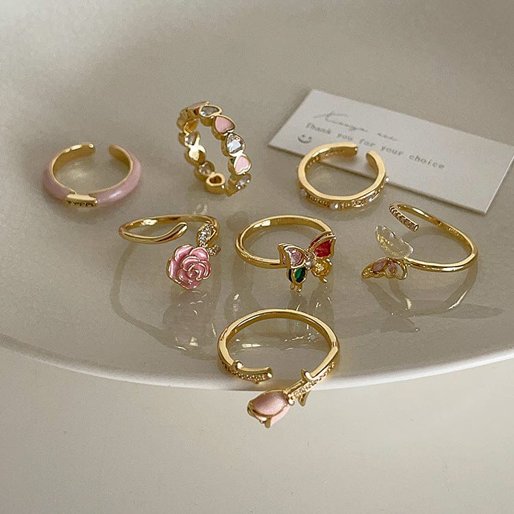 French Style CZ Inlaid Butterfly Enamel Flower Pearl Open Ring - ArtGalleryZen