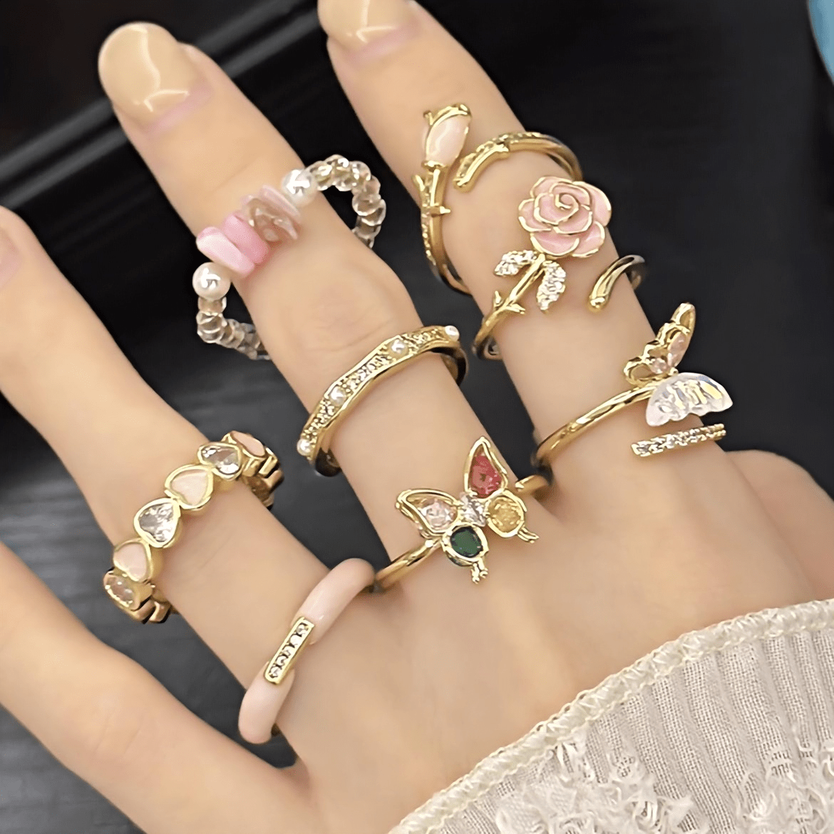 French Style CZ Inlaid Butterfly Enamel Flower Pearl Open Ring