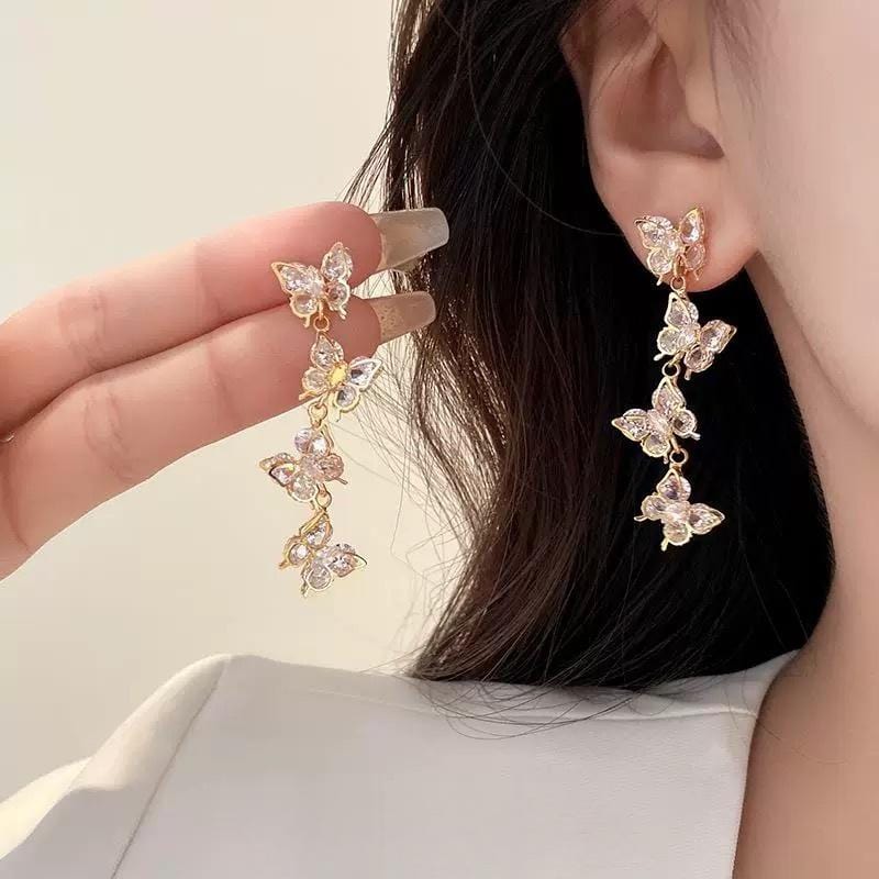 French Style CZ Inlaid Butterfly Tassel Earrings - ArtGalleryZen