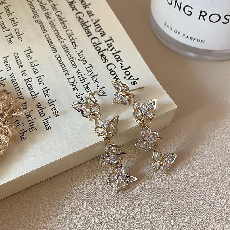 French Style CZ Inlaid Butterfly Tassel Earrings - ArtGalleryZen