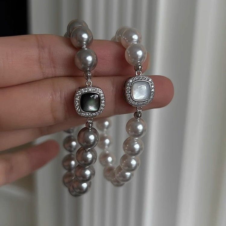 French Style Layered CZ Inlaid Square Charm Pearl Chain Necklace Bracelet - ArtGalleryZen