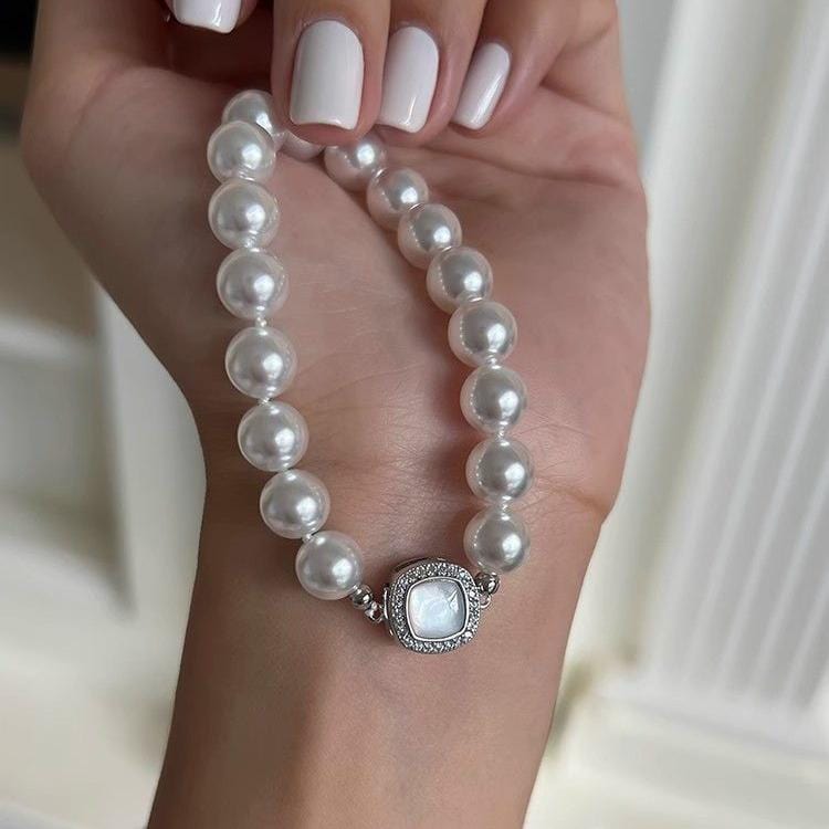 French Style Layered CZ Inlaid Square Charm Pearl Chain Necklace Bracelet - ArtGalleryZen