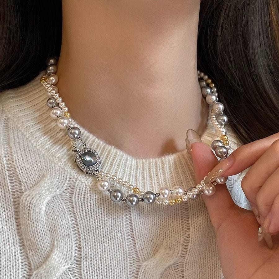 French Style Layered CZ Inlaid Square Charm Pearl Chain Necklace Bracelet - ArtGalleryZen