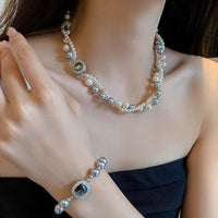 Thumbnail for French Style Layered CZ Inlaid Square Charm Pearl Chain Necklace Bracelet - ArtGalleryZen