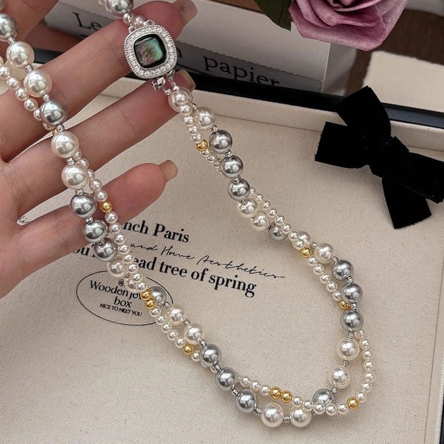 French Style Layered CZ Inlaid Square Charm Pearl Chain Necklace Bracelet - ArtGalleryZen