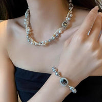 Thumbnail for French Style Layered CZ Inlaid Square Charm Pearl Chain Necklace Bracelet