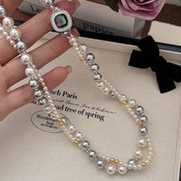 Thumbnail for French Style Layered CZ Inlaid Square Charm Pearl Chain Necklace Bracelet