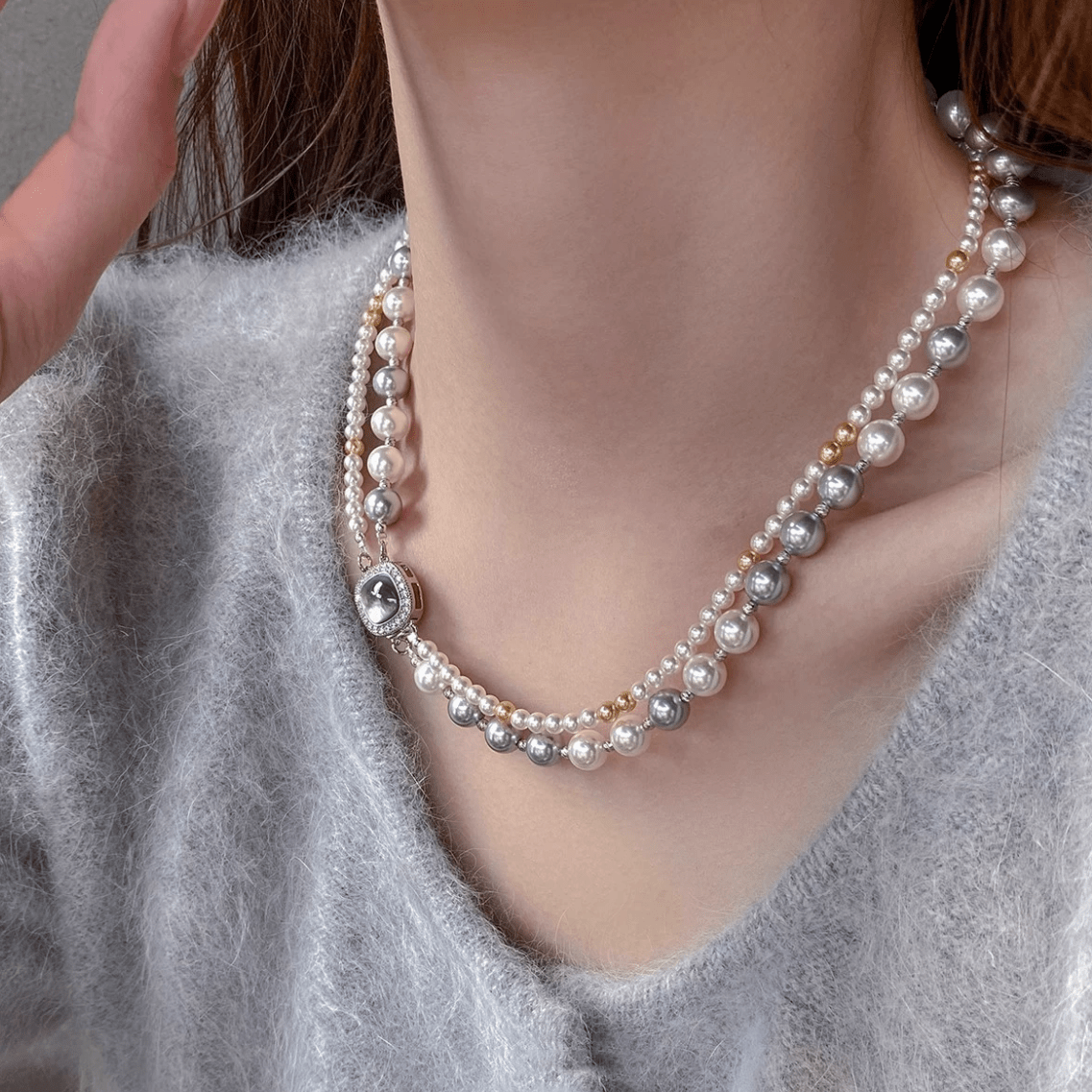 French Style Layered CZ Inlaid Square Charm Pearl Chain Necklace Bracelet