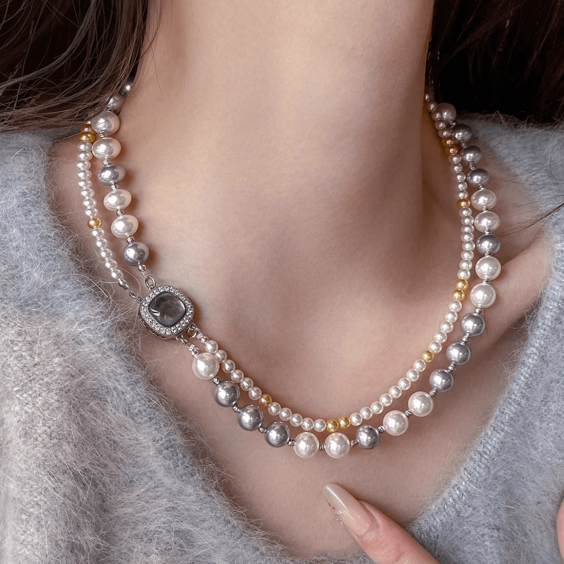 French Style Layered CZ Inlaid Square Charm Pearl Chain Necklace Bracelet