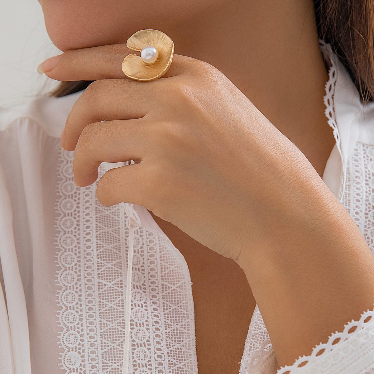 French Style Round Disk Pleated Pearl Open Ring - ArtGalleryZen