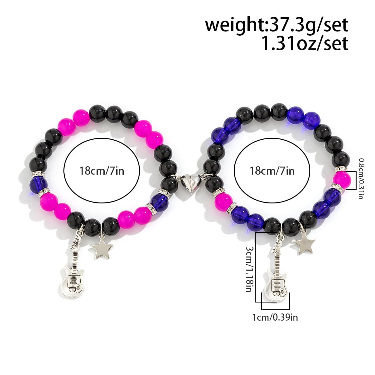 Magnetic Guitar Star Heart Charm Crystal Matching Bracelet Set